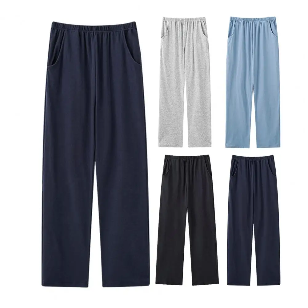 

Easy-wear Elastic Waistband Pajamas Men's Winter Pajama Pants with Elastic Mid Waist Solid Color Thin Pockets for Comfortable