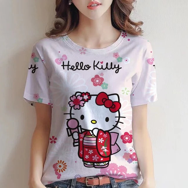 귀여운 KT 고양이 프린트 어린이 티셔츠, 데일리 캐주얼, 편안한 라운드넥, 패션 반팔, 신상