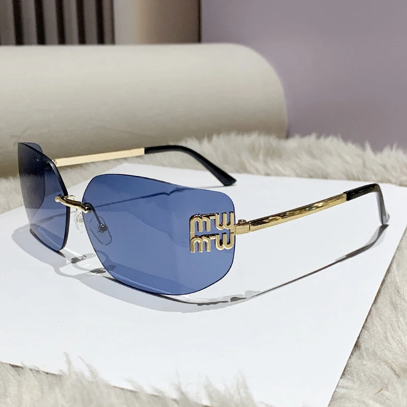 1 piece of classic women's sunglasses unconventional luxury metal rimless sunglasses for women designer brand rectangular gradient curved shades.