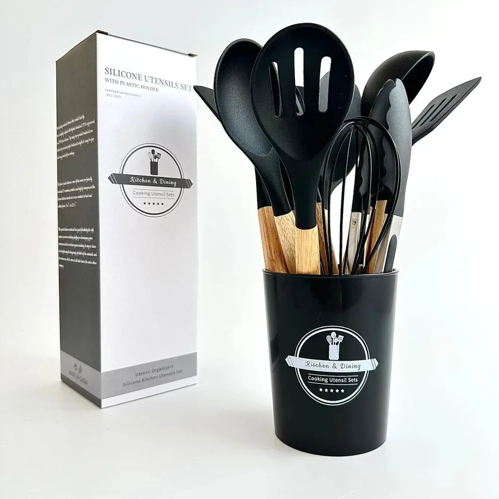 12pcs Silicone Kitchen Utensils Ergonomic Wooden Handles