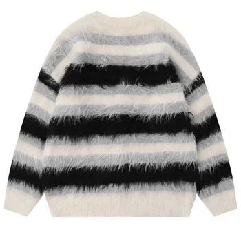 Striped Plush V-neck Sweater Men's Loose Casual Brushed Knit Trendy Couple Versatile Comfortable Harajuku High Street Cardigan - Image 4