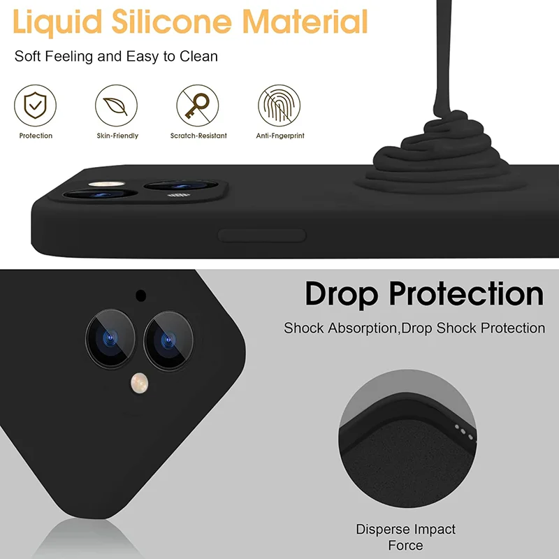 Black Shockproof Soft Phone Case with Tempered Glass Protective Cover