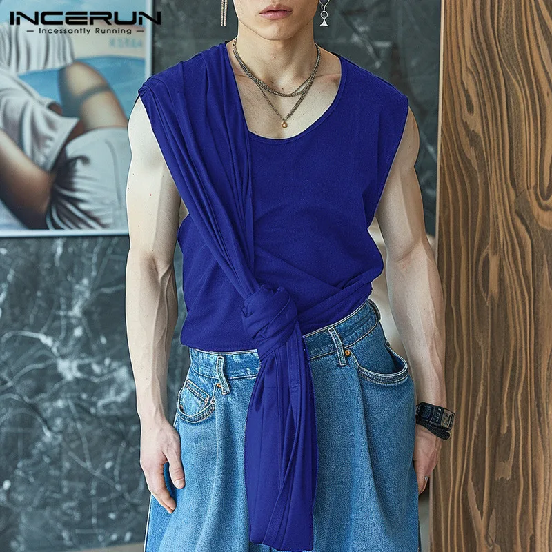 남성용 O넥 민소매 탱크 탑, 단색, 레이스업, 캐주얼 남성 조끼, 스트리트웨어, 2024 패션, 남성 의류, S-5XL INCERUN, 여름