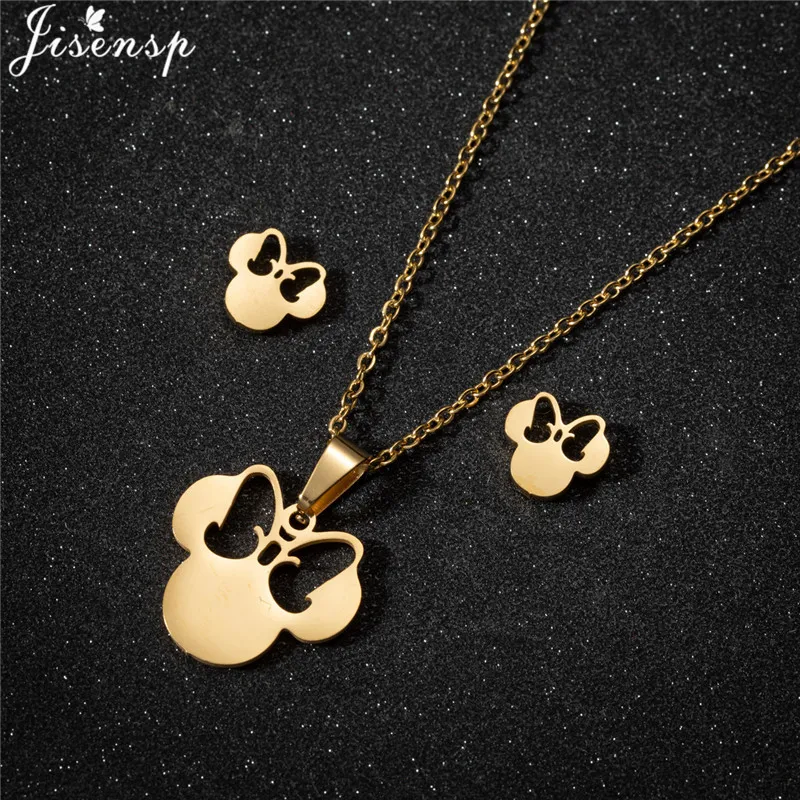 Jewelry Sets Cartoon Bowknot Mouse Stainless Steel for Women Fashion Anime Animal Necklace Earrings Party Accessories