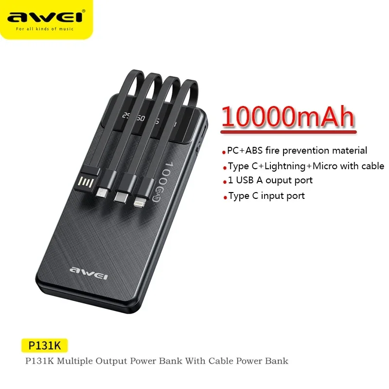 Awei P131K Portable Power Bank 10000mAh With Cable PD20W Fast Charge External Battery Multi Outputs Outdoor Powerbank For Travel