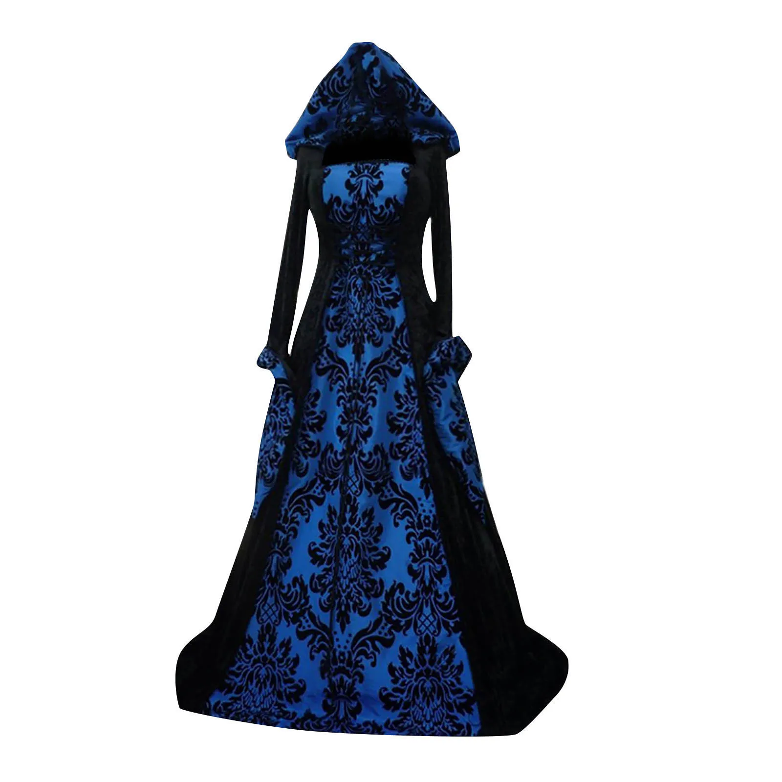 Description Picture 5 of item2024 Halloween Party Costume Vintage Scary Cosplay Gothic Long Sleeve Hooded Wicca Witch Medieval Long Gown Retro Women Dresses