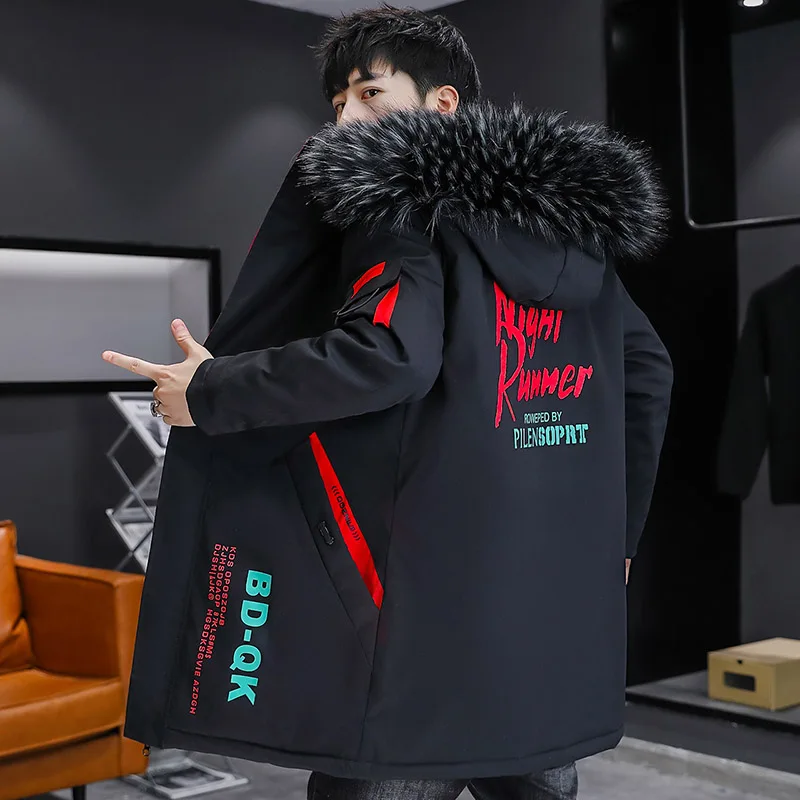 Autumn Winter Men's Plush Windbreaker Parka Youth Outwear Mid-Length Warm Fleece Jackets Detachable Fur Collar Thicken Coat