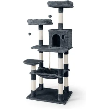 CAPHAUS Extra Wide, Tall Cat Activity Tree w/Two Top Perch, Scratching Posts, Multi-Level Play Tower for Cute Indoor Cats, 58-In 1