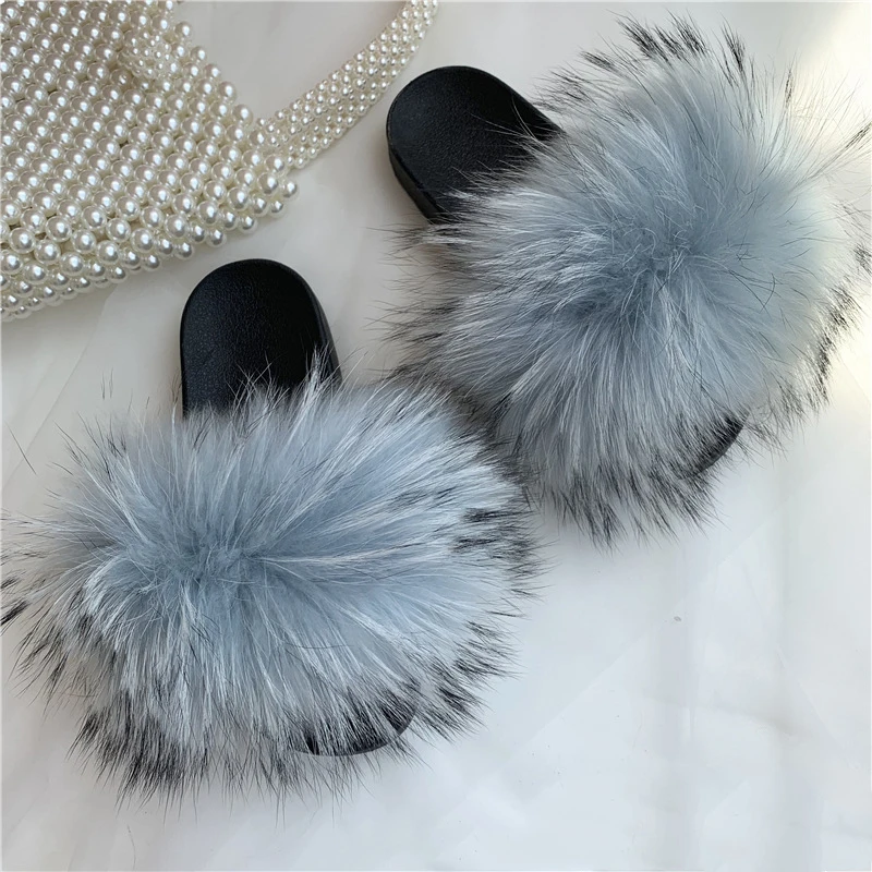 Natural Raccoon Fur Slippers Women Summer Home Slides Fluffy Furry Flip Flops Indoor Outdoor Flat Beach Sandals 6