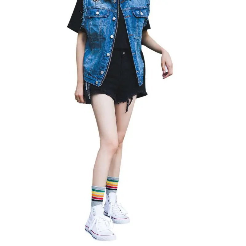 1 Pair Women Winter Rainbow Striped cotton socks Black/White Sport Girls College style sock funny art warm sox