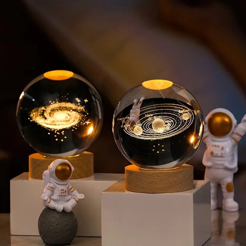 USB 3D Crystal Ball LED Night Light Laser Engraved SolarSystem Globe Astronomy Birthday Gift for Bedroom Home Desktop Decor Lamp 3