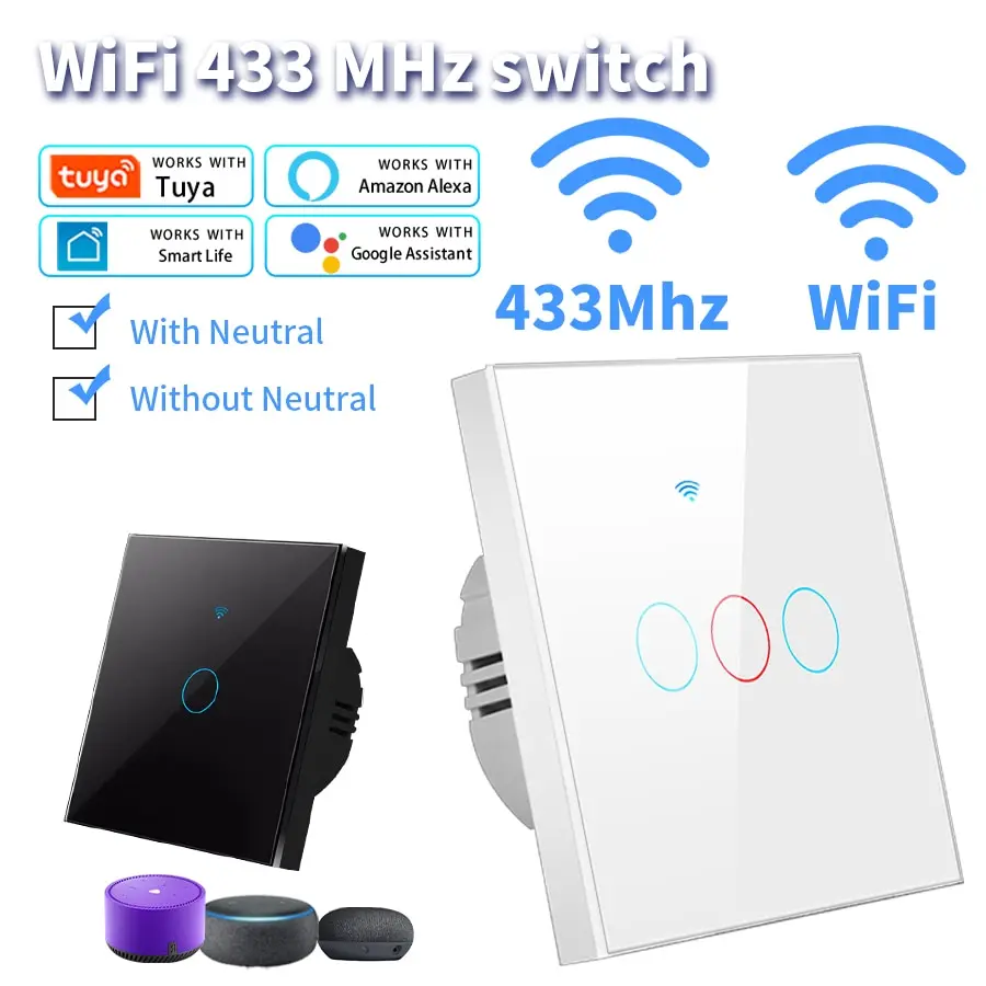 สวิตช์ไฟสวิตช์ผนังระบบสัมผัส Wi-Fi 1/2/3แก๊งสวิตช์อัจฉริยะสำหรับ Alexa Google Home 433RF รีโมท 1