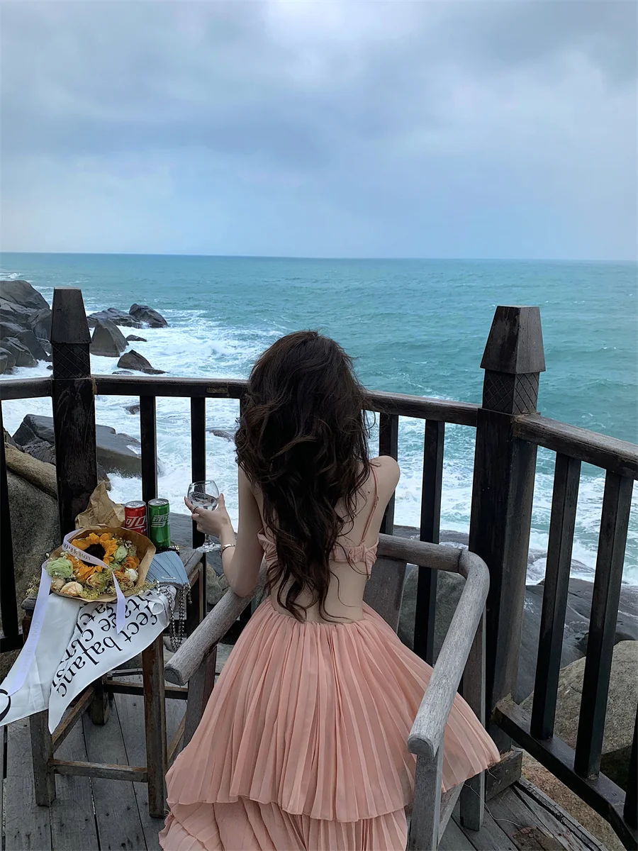 Summer New Fashion Sexy Pleated Holiday Beach Long Dresses for Women Vacation Spaghetti Strap A line Ladies Robe 2025 Sundress
