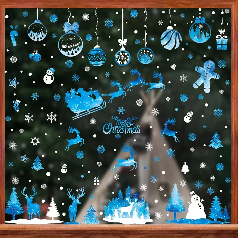 Blue Snowflake Christmas Window Stickers Santa Claus Snowman Elk Gingerbread Man Static Mirror Sticker Happy New Year 2026 Decor