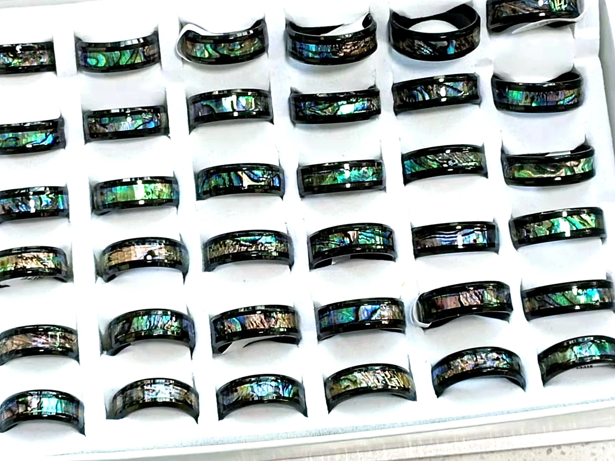 Wholesale 10 /20/50/100 pcs  8mm Band Abalone Shell 316L Stainless Steel Man Women Ring Fashion Jewelry 2