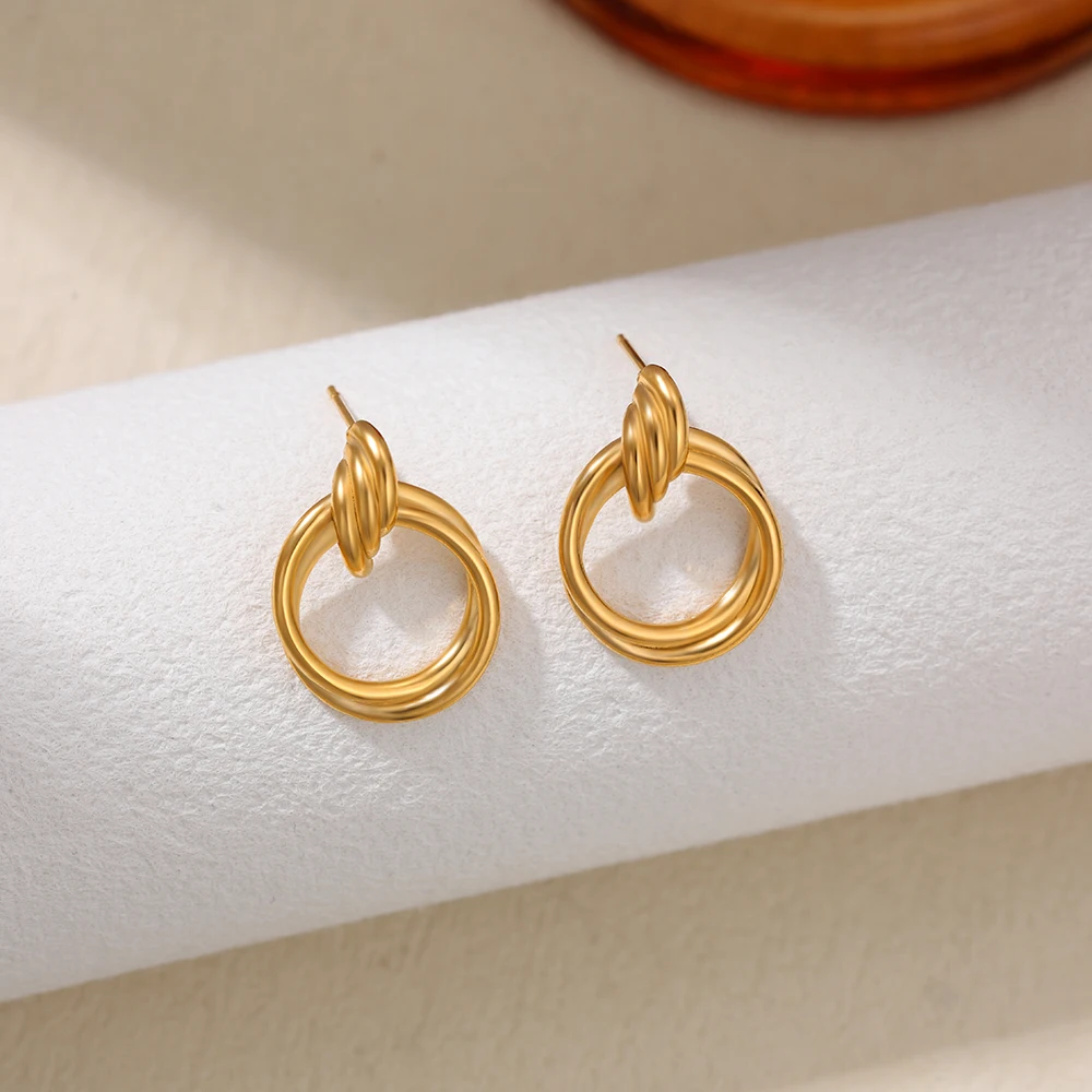 Stylish Gold Color Knot Ear Stud Double-layer Circle Twist Hoop Huggie Earrings Hypoallergenic Statement Jewelry for Women Aros
