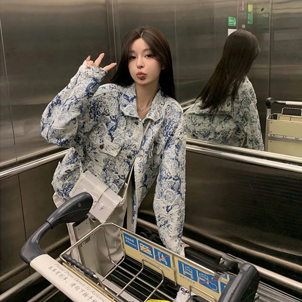 

Женская джинсовая куртка с длинным рукавом, повседневная куртка из денима с принтом в уличном стиле, весна-осень 2023