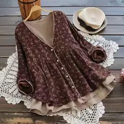 Autumn Women's Vintage Floral Lace V - Neck Blouse - One Size (Brown)
