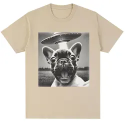 French Bulldog UFO Meme Vintage Graphic Oversized Cotton T - Shirt - XS（old） (Khaki)