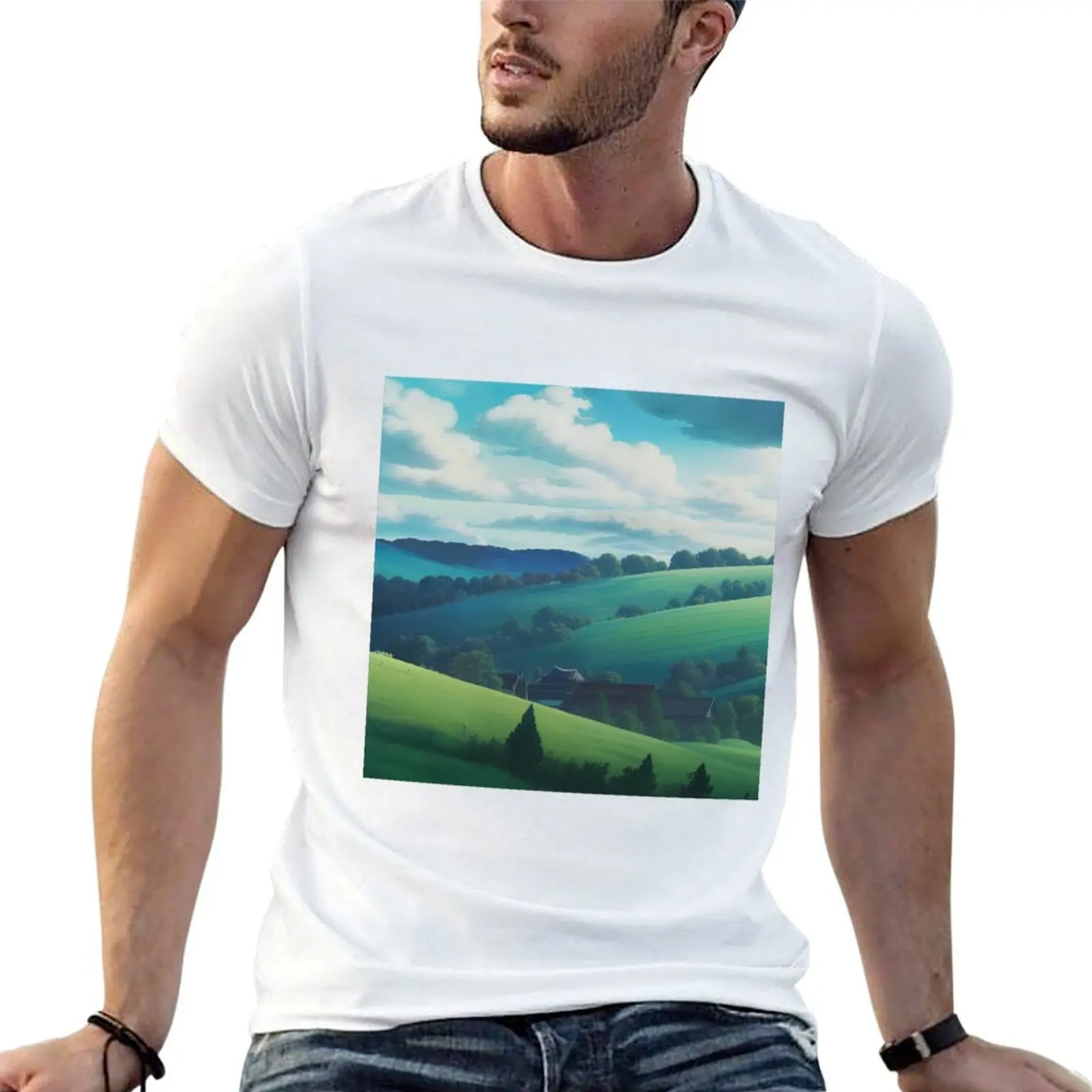 Ghibli Style Green Hills T-Shirt Top Blacks Cute Clothes T-Shirt For Men Cotton