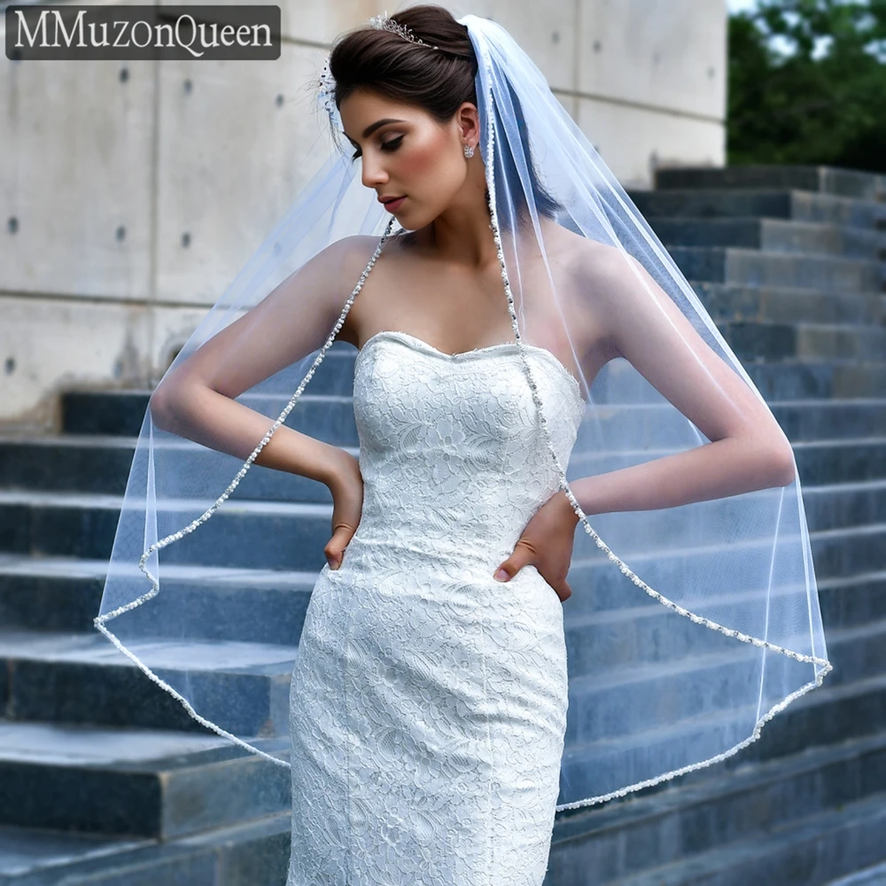 M64 1 Tier Crystal and Pearl Edge Veil for Bridal Soft Beaded Veil Fingertip length with Comb Wedding Accessories