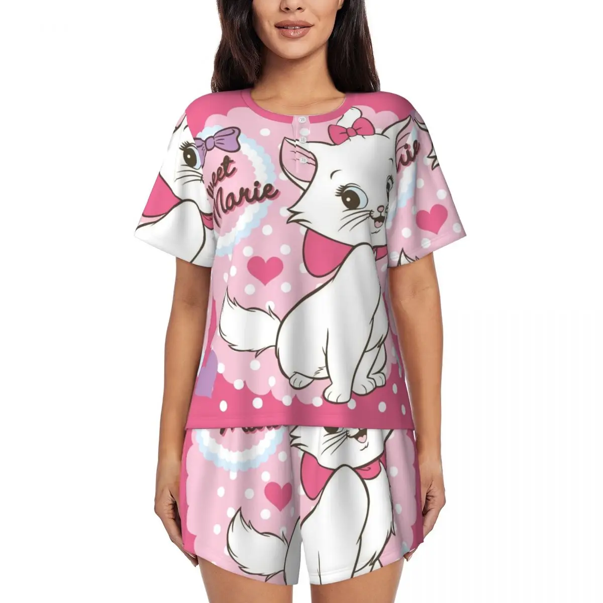 Custom Printed Womens Aristocats Cartoon Marie Cat Pajamas Set