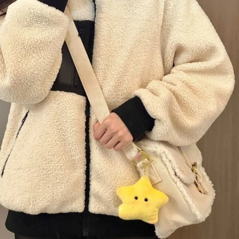 Beige Corduroy Plush Tote Bag Women Sweet Cute Square Large Capacity Shoulder Bags Ladies Casual Commute Versatile Crossbody Bag