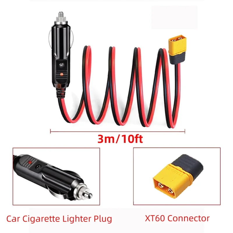 Y10A-XT60 Male Connector Extension Cable With Lighter Plug 10FT 14AWG Car Charger And XT60 Adapter Cord