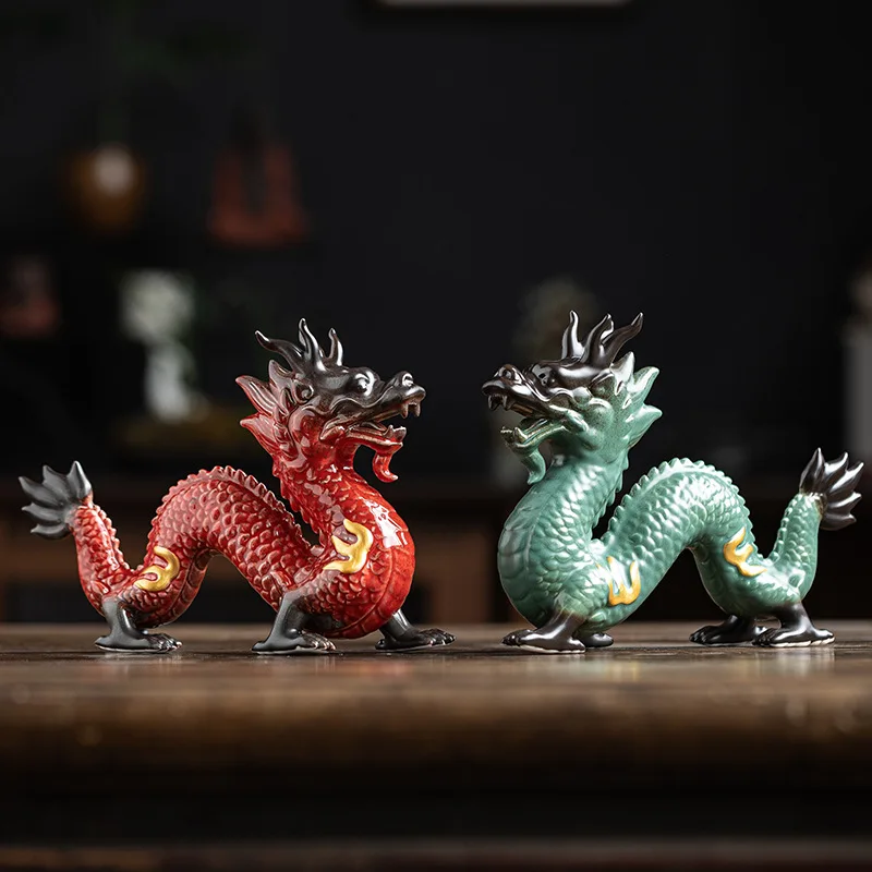 Ceramic dragon ornaments attract wealth, living room decorations, red blue , zodiac dragons, mascots, office desktop crafts