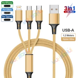 Universal 3 - in - 1 Fast Charging USB Cable - 2.4A Max - About 1.2m (A to 3 - In - 1 Golden - N)