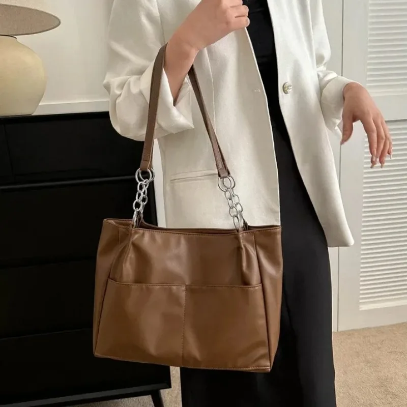 Vintage PU Leather Bag Women Zipper High-Capacity Tote Bag Shoulder Bag Office Lady Commuter Purses and Handbags