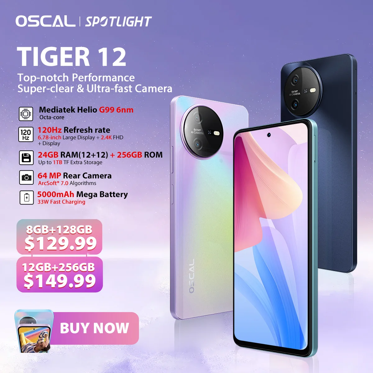 [Prima Mondiale] Oscal Tiger 12 Android13 Mtk Helio G99 6.78 ''120Hz 2.4K Display 24Gb(12 + 12) 256Gb 64Mp 5000Mah Batteria Nfc