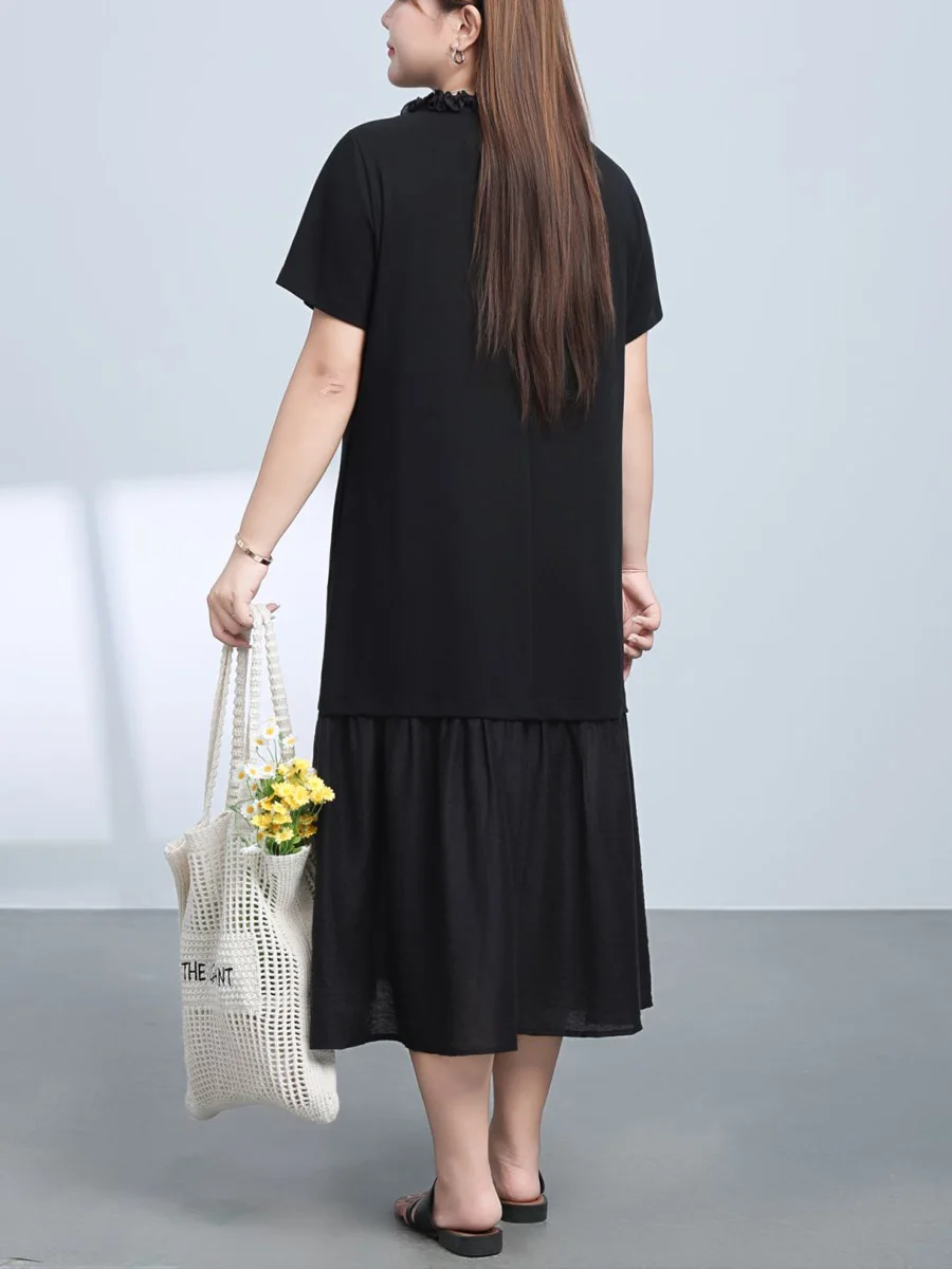 Plus Size Women Black Calf Length Dress With Premium Lyocell Hem Patchwork Cotton Loose Lace Round Neck For Summer