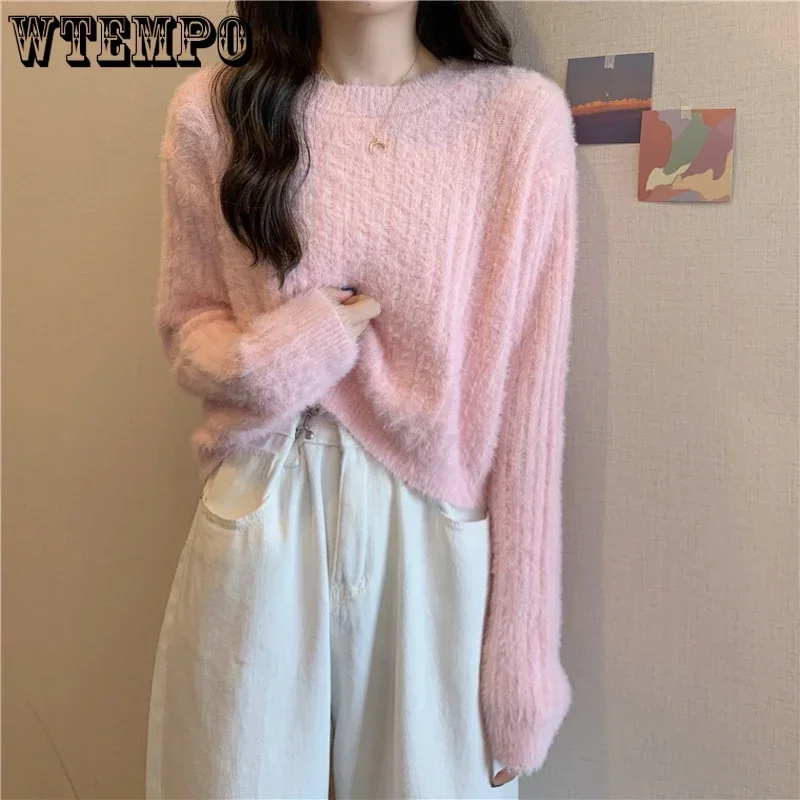 Y2K Cropped Sweater Pink Furry Solid Korean Fashion Pullover