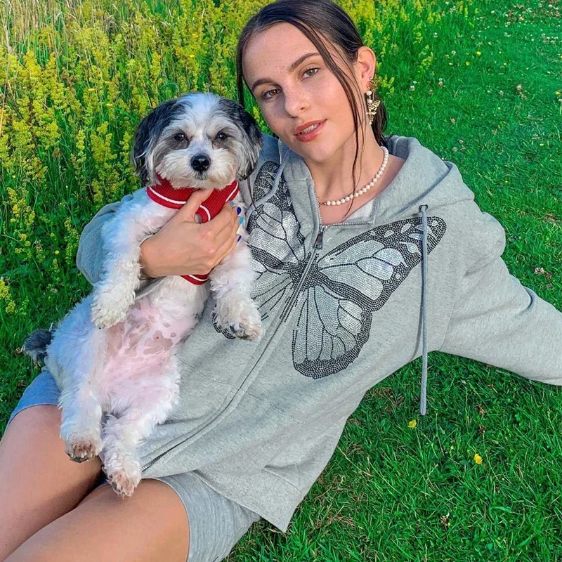 Autumn/Winter Casual Fashion Women's All-match Blouse Jacket Butterfly Print Long-sleeved Hooded Sweater Women Harajuku Hoodie
