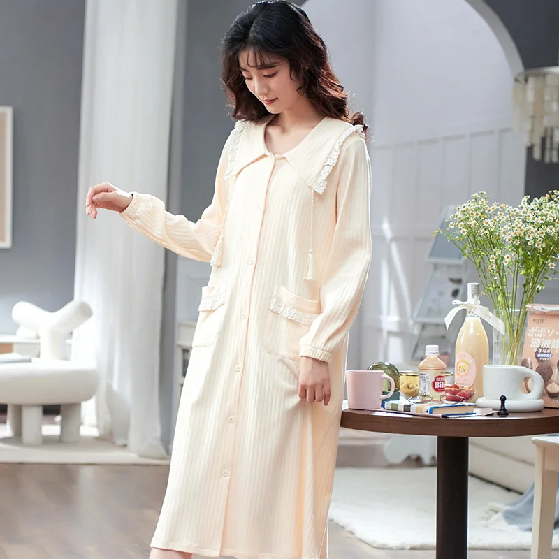 Cardigan Nightgown Sleepwear Lady Spring Autumn Long Sleeve Nightdress