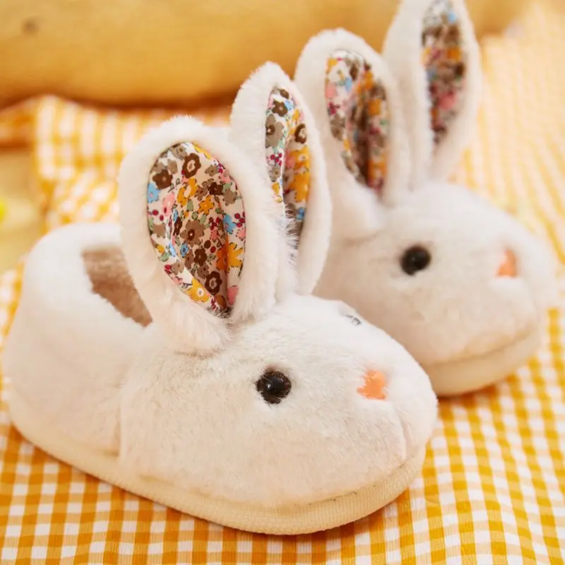 winter child fluffy slippers cute girl animal rabbit cotton shoes warm home slippers plush shoes non-slip flat low planner 2023