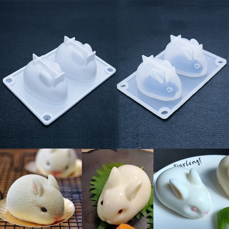 New3DRabbitShapeSiliconeCakeMold2cavityMousseDessertBaking