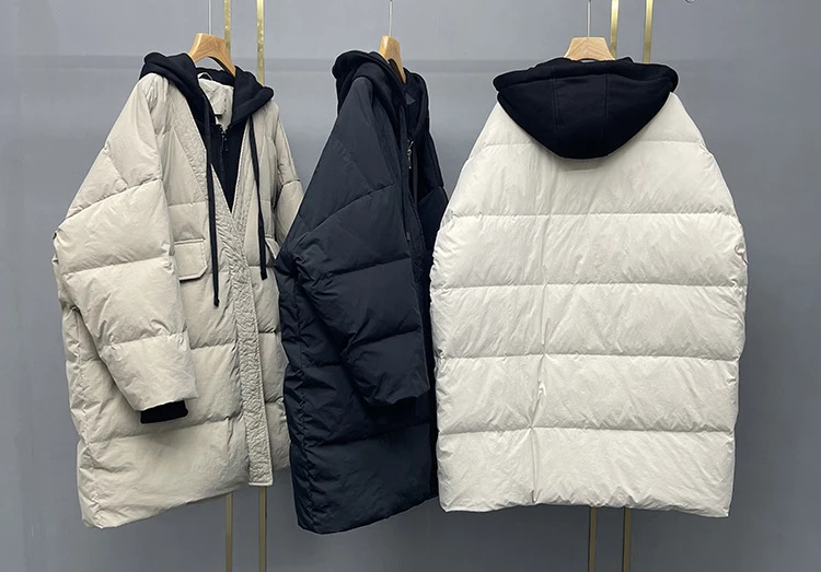 Schinteon Women White Duck Down Over Size Jacket Autumn Winter Warm Casual Outwear with Hood Fake Two Pieces Patchwork Coat 2023