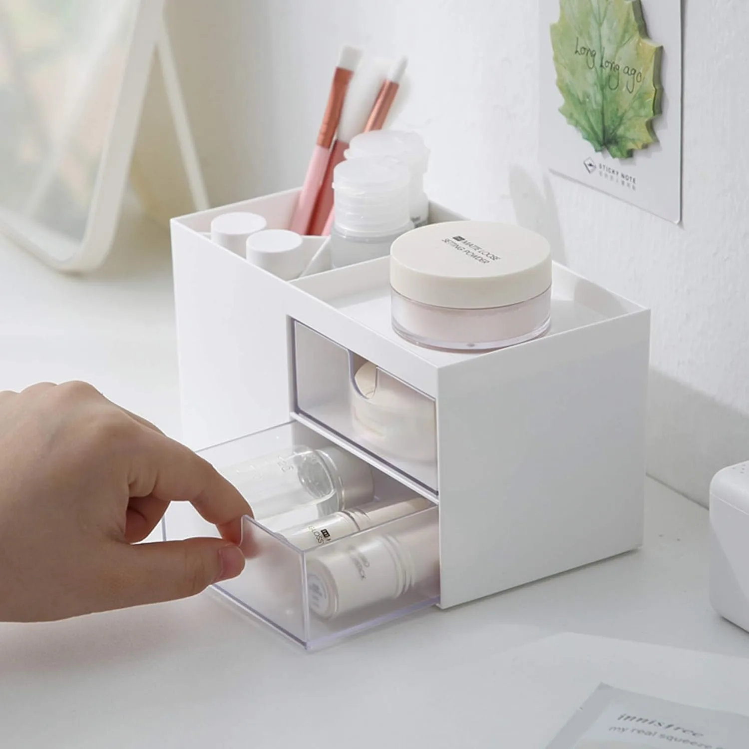 1 Piece Pen Holder 2 Drawers Multifunctional Pen Holder Desktop Storage Box for Desk Office Supplies Dresser Desktop Organizer