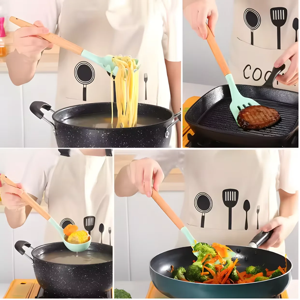 12Pcs Wooden Handle Silicone Kitchen Utensils Set High Temp Resistant Non-Stick Heatproof Storage Bucket Daily Cookiing kitchen utensils