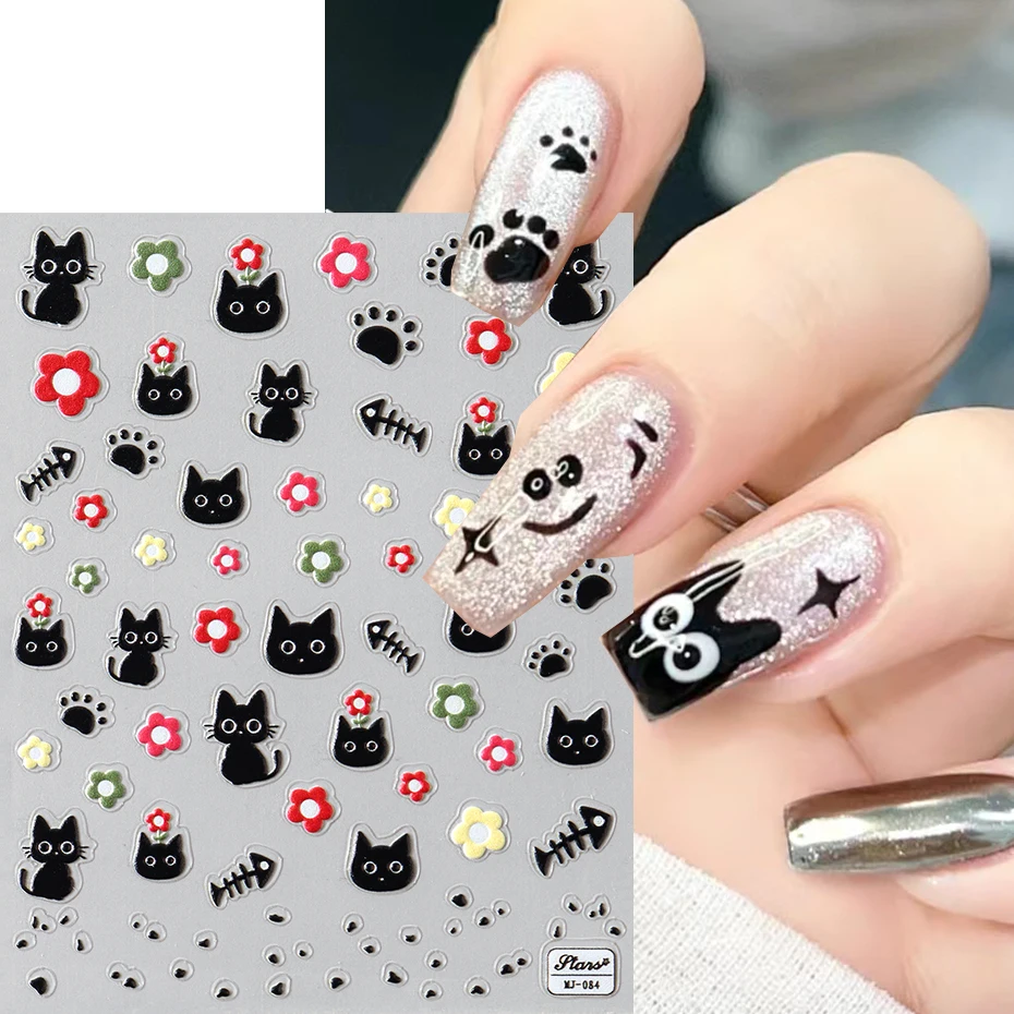 Cute Black Cat Nail Stickers Decals 5D Embossed Kawaii Cat Flowers Star Nail Art Decoration Cute Cartoon Sliders Summer Manicure 3