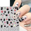 Cute Black Cat Nail Stickers Decals 5D Embossed Kawaii Cat Flowers Star Nail Art Decoration Cute Cartoon Sliders Summer Manicure 3