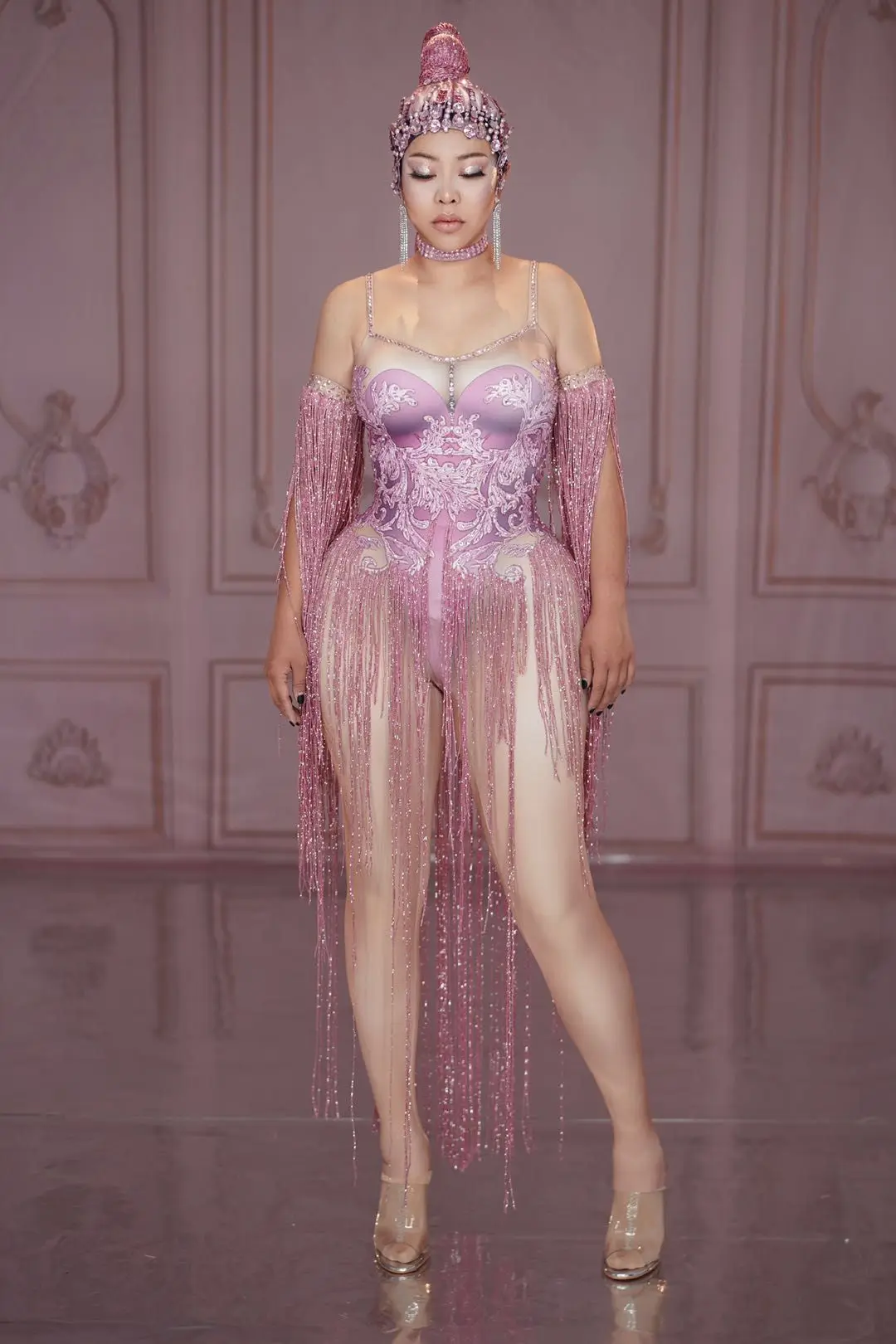 Sexy Pink Tassel Stage Jumpsuit Women Nightclub Crystal Stretch Bodysuit Pole Dance Leotard Showgirl Performance Wear Wutong