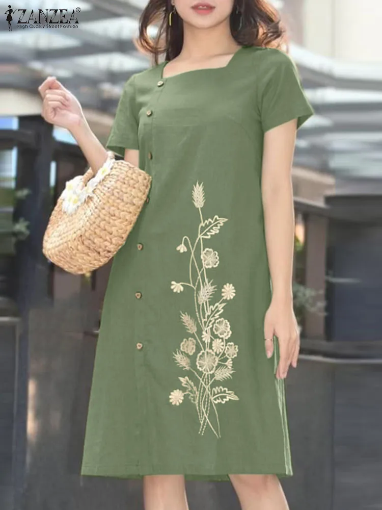 

Women Square Neck Short Sleeve Dress ZANZEA Vintage Summer Floral Embroidery Sundress Elegant Party Knee-length Vestido Kaftan