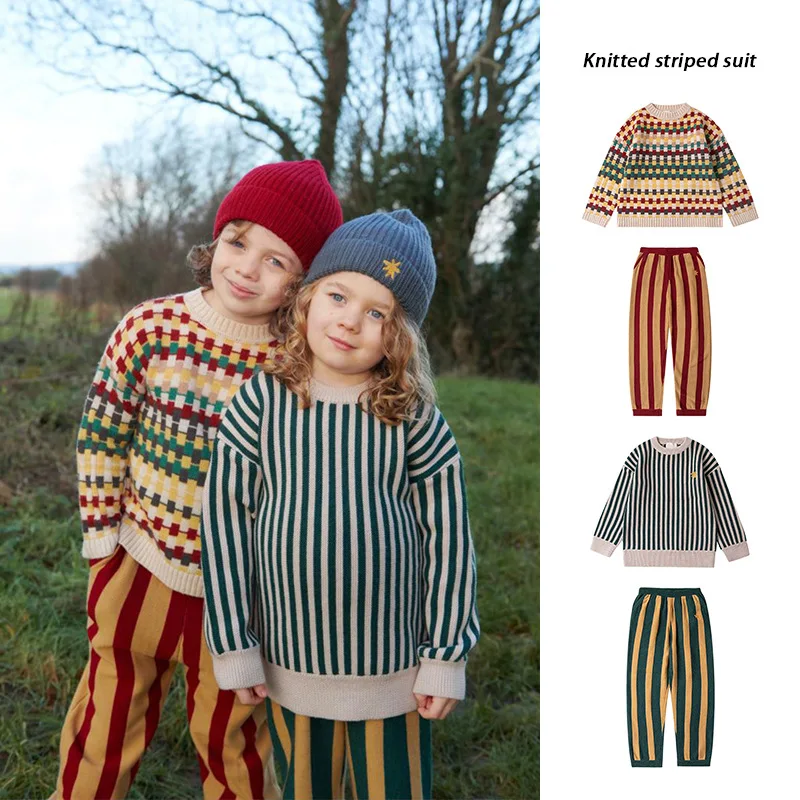 

Knit Planet Sweater 2023 AW New Product Pastoral Children's Colorful Checkerboard Checker Knitted Shirt Striped Pants Set