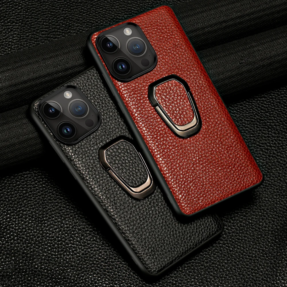 

Genuine Cowhide Leather Phone Case for iPhone 13 12 11 14 Pro Max 13Pro 14Pro 12Pro Ring Kickstand Litchi Grain Back Cover