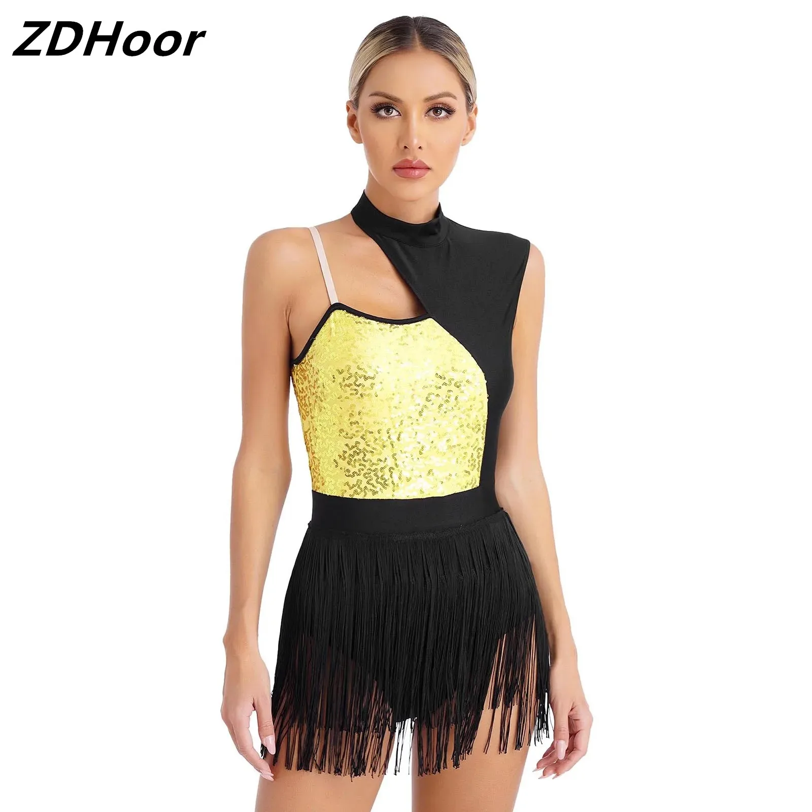 

Womens Latin Dance Leotard Cutout Sleeveless Shiny Sequins Contrast Color Patchwork Fringed Bodysuit for Stage Performance