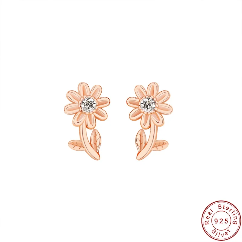 

JIALY European S925 Sterling Silver Stud Earrings AAA CZ Rose Daisy For Women Birthday Party Gift Fine Jewelry