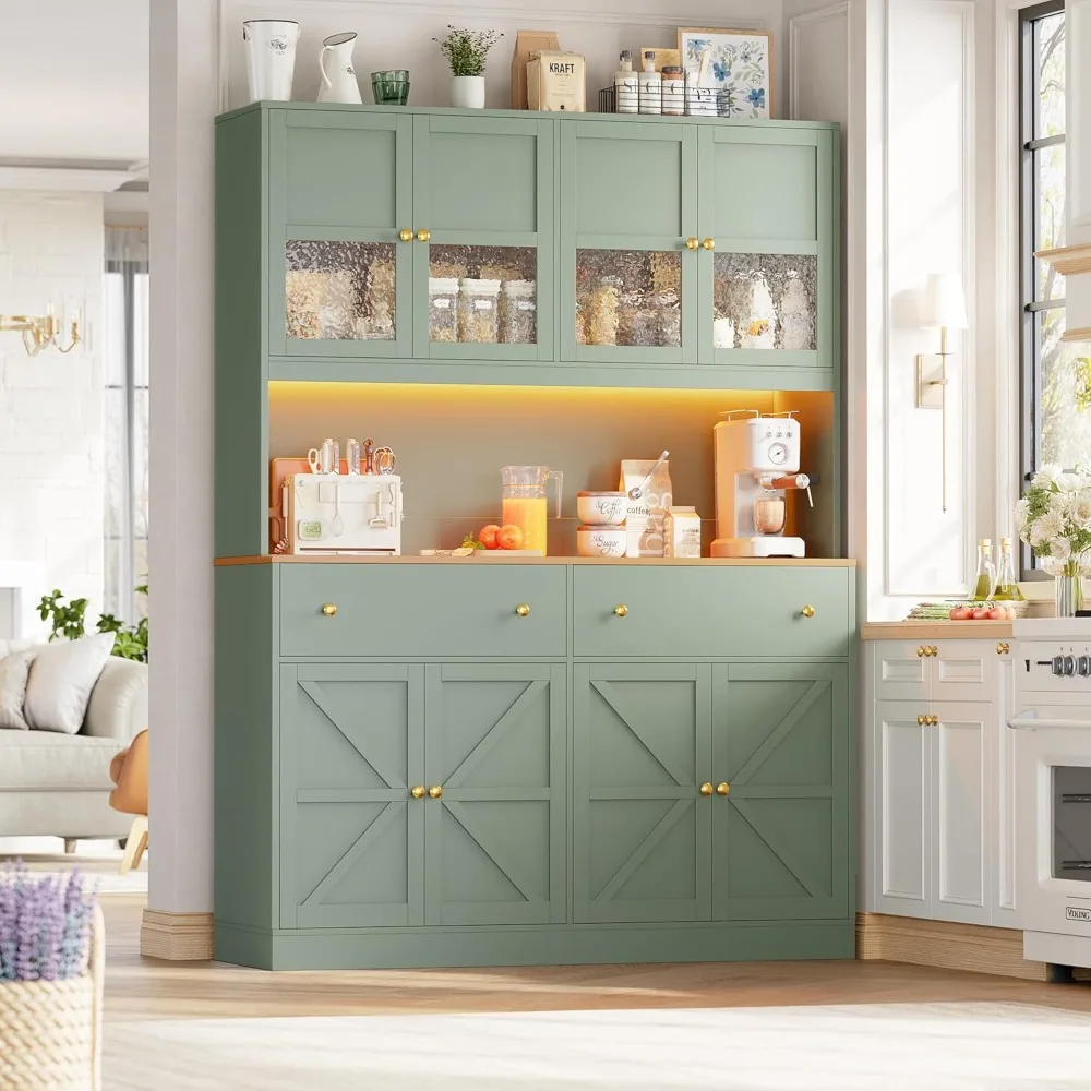 71" Pantry Cabinet with LED Light and Charging Station, Farmhouse Kitchen Pantry Cabinet with Microwave Stand, Customized 6